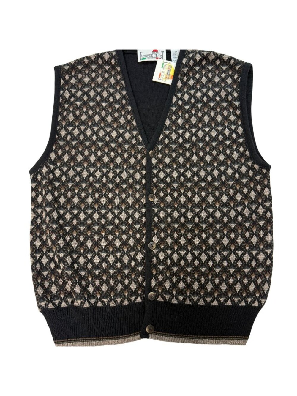 Vintage Italian Knit Men’s Wool Blend Diamond Sweater Vest M Black‎ Tan Academia